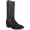 Dan Post Makara men's black caiman boot. Round toe, leather construction. Textured caiman vamp, smooth shaft with stitching. Mid-height heel, classic cowboy boot silhouette.
