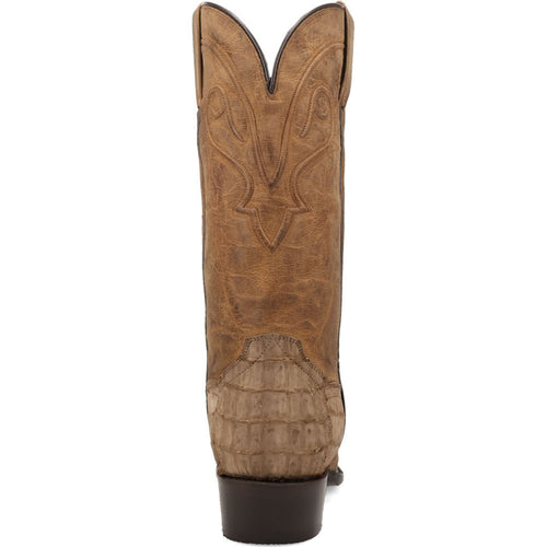 Dan Post Makara boots. Brown leather with caiman texture. 13" shaft, round toe, western stitching, V-cut collar, flat heel. Genuine caiman.