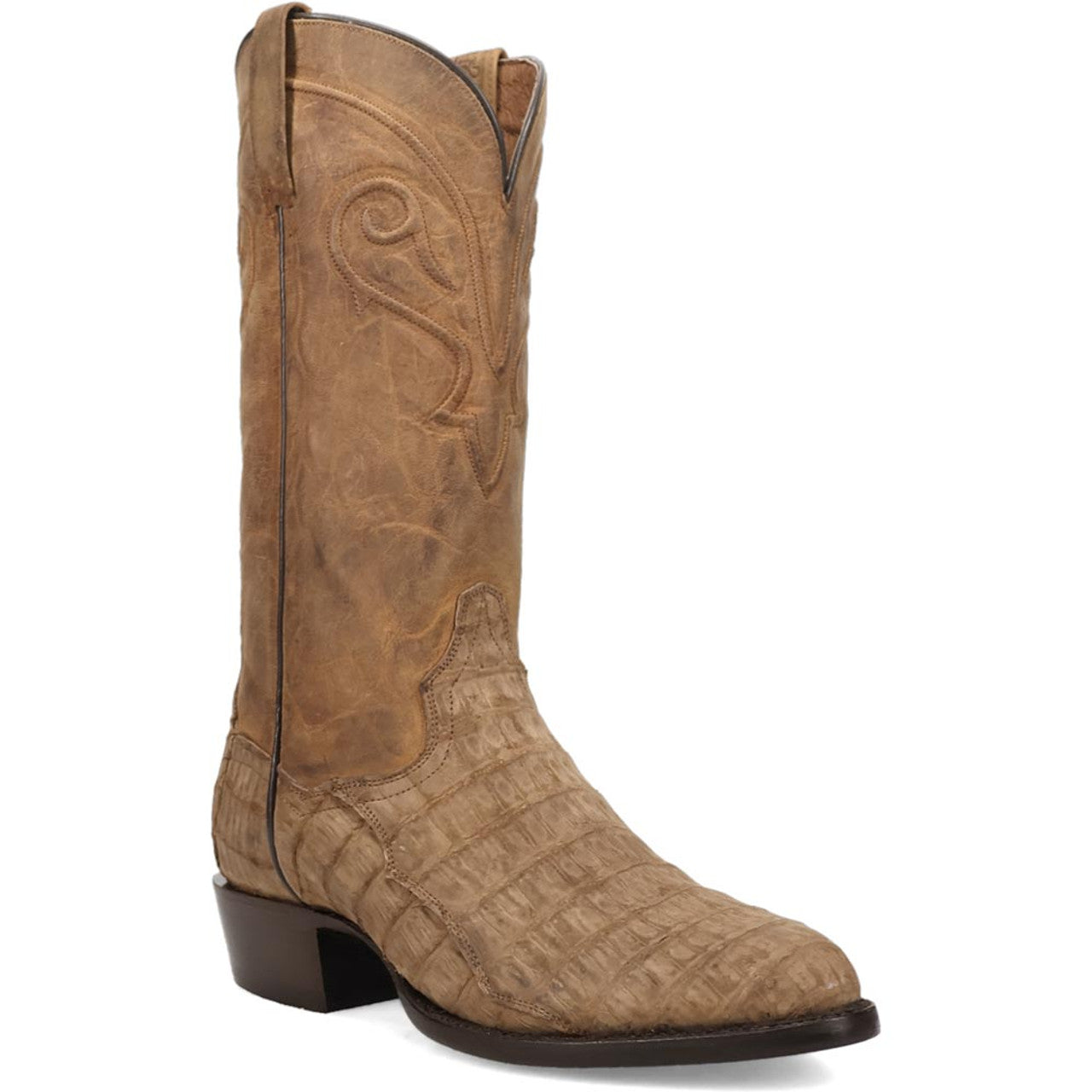 Dan Post Triton blue cowboy boot. Snip toe, light brown with alligator-like vamp and smooth shaft. Decorative stitching. Slight heel.
