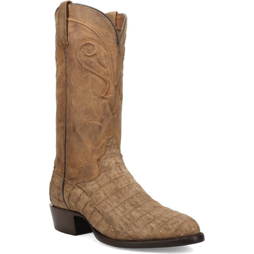 Dan Post Makara men's boot in brown caiman. Tall, textured leather upper with a round toe and elaborate stitched shaft. Features a tapered heel and dark brown sole.
