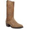 Dan Post Makara men's boot in brown caiman. Tall, textured leather upper with a round toe and elaborate stitched shaft. Features a tapered heel and dark brown sole.
