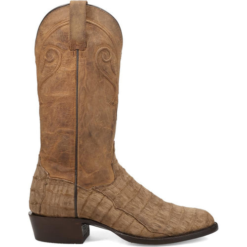 Dan Post Triton blue cowboy boots: Tall shaft, snip toe, low block heel. Blue upper with brown crocodile-patterned leather. Decorative stitching & vertical back seam with pull tab. Combines smooth & embossed textures.

