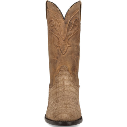 Dan Post Triton men's cowboy boot. Blue, 13" shaft, brown leather, snip toe. Smooth upper with crocodile toe detail. Western stitching. Flat sole.