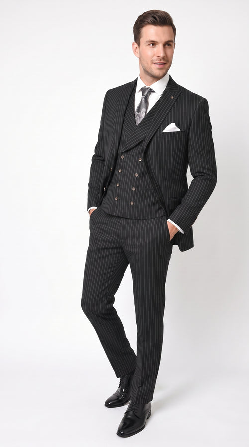 Men’s Black Gangster Pinstripe Suit with Double Breasted Vest, 2 Button Formal 1920s Dress Suit