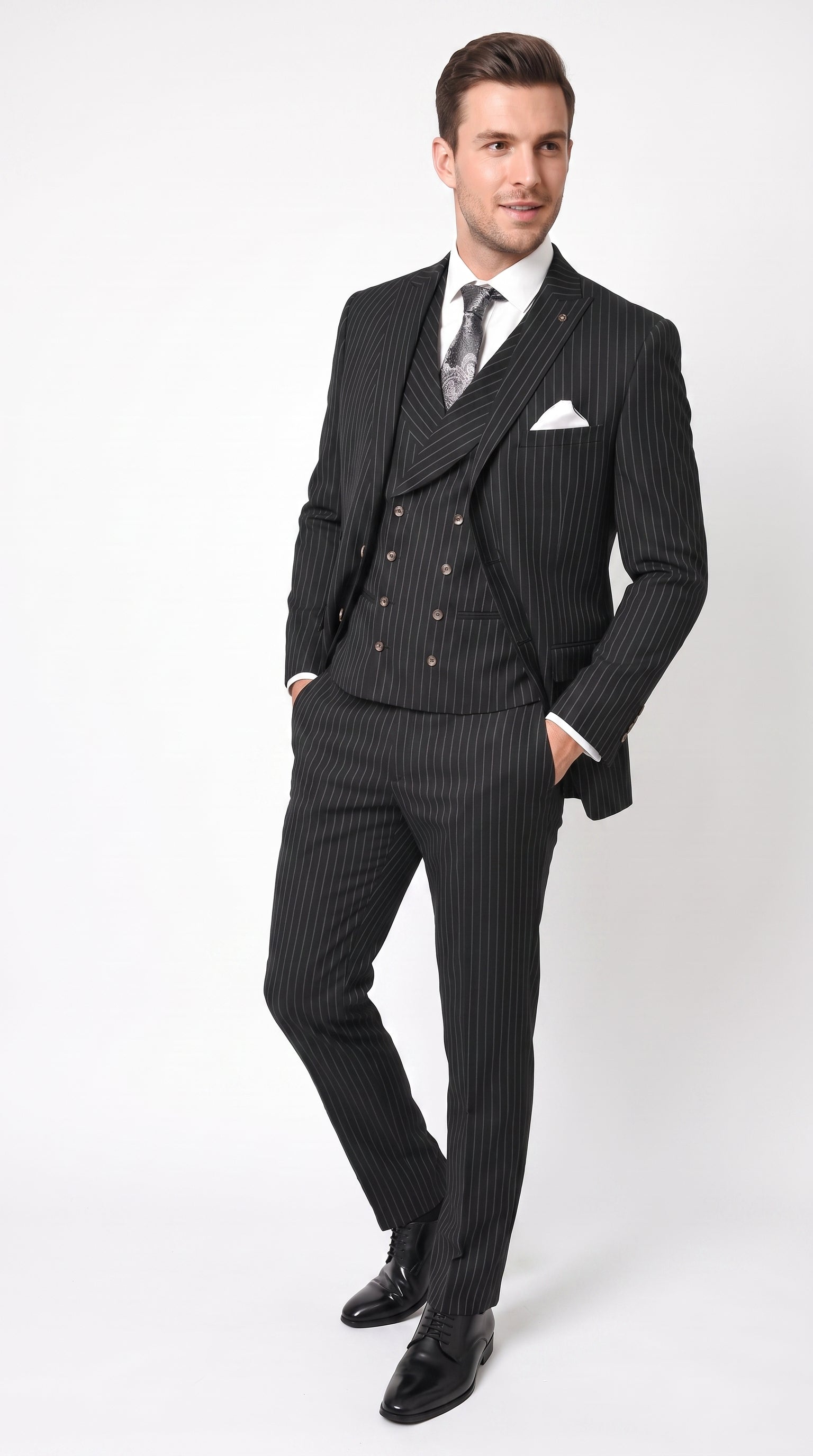 Men’s Black Gangster Pinstripe Suit with Double Breasted Vest, 2 Button Formal 1920s Dress Suit