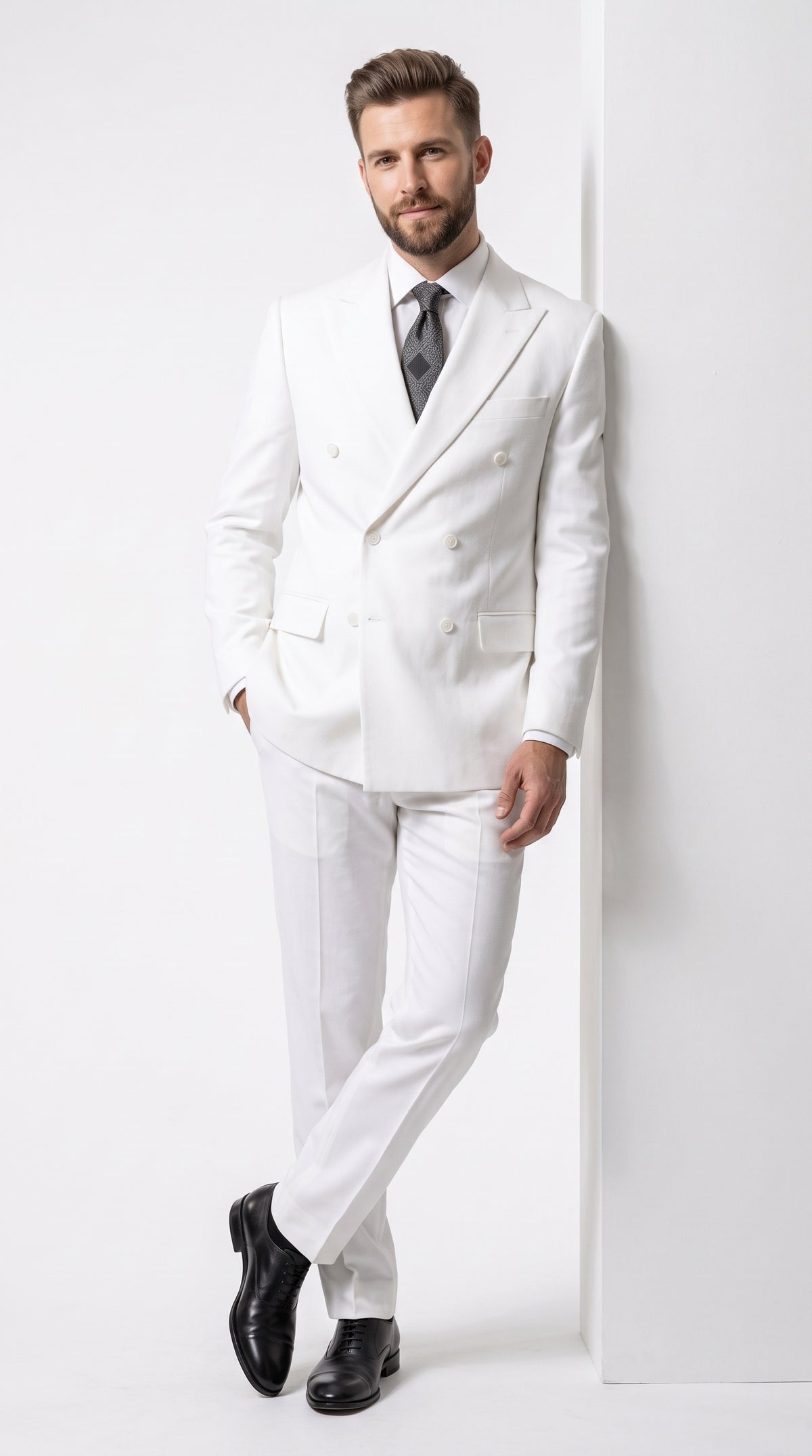 Men’s Solid White Double Breasted Suit, Classic Fit Formal Wedding Prom Dress Suit