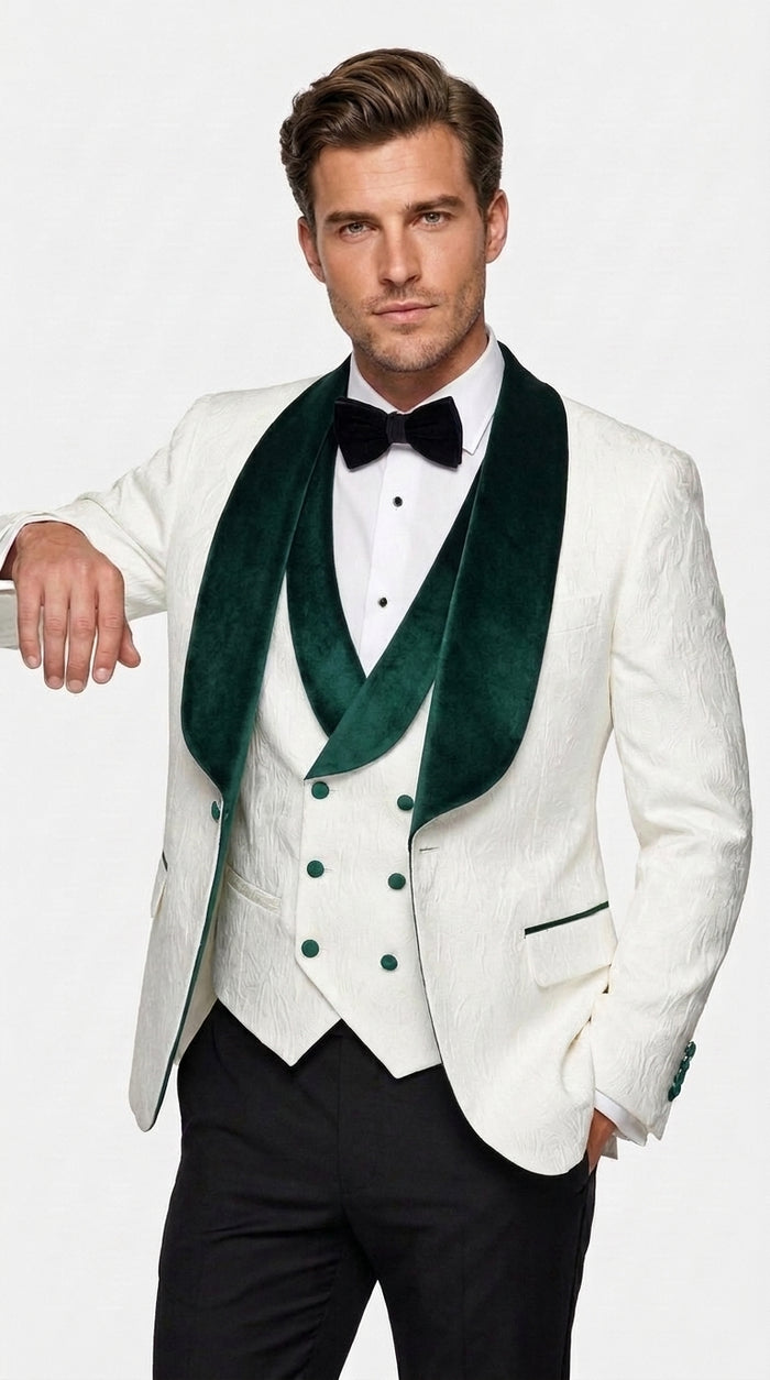 Men’s White and Hunter Green Tuxedo Dinner Jacket, Wide Velvet Shawl Lapel Groom Prom Blazer