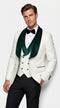 Men’s White and Hunter Green Tuxedo Dinner Jacket, Wide Velvet Shawl Lapel Groom Prom Blazer