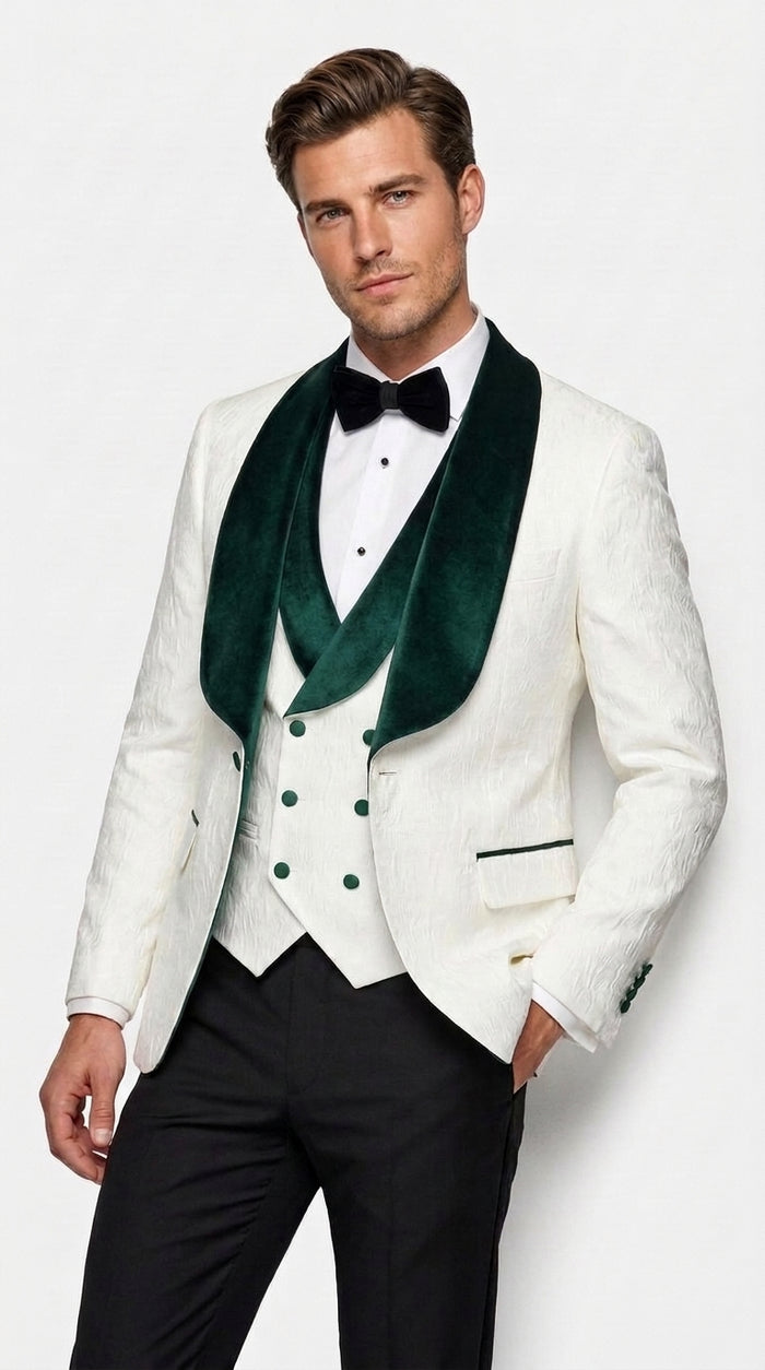 Men’s White and Hunter Green Tuxedo Dinner Jacket, Wide Velvet Shawl Lapel Groom Prom Blazer