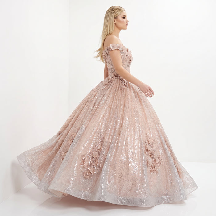 Champagne Off-Shoulder Quinceañera Ball Gown with 3D Floral Appliqués & Detachable Train – Sweet 15 Princess Dress