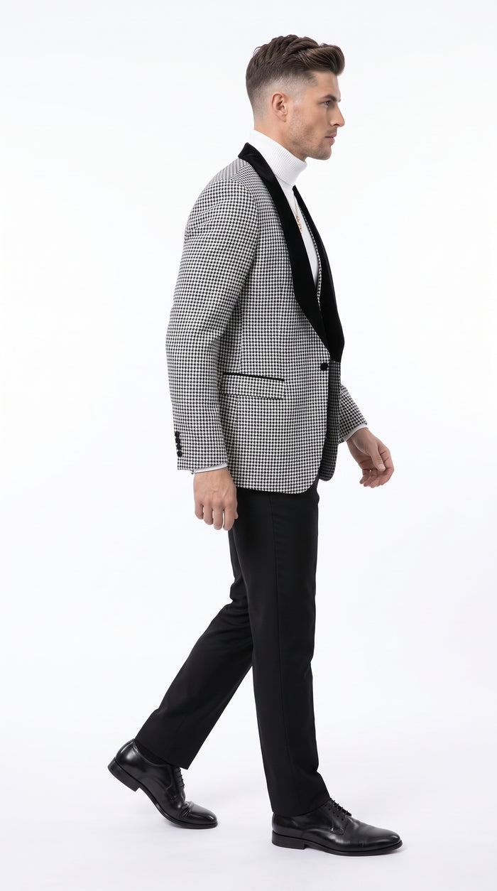Men's Black & White Houndstooth 3-Piece Tuxedo Suit – One Button Shawl Lapel Vested Formal Wedding Suit