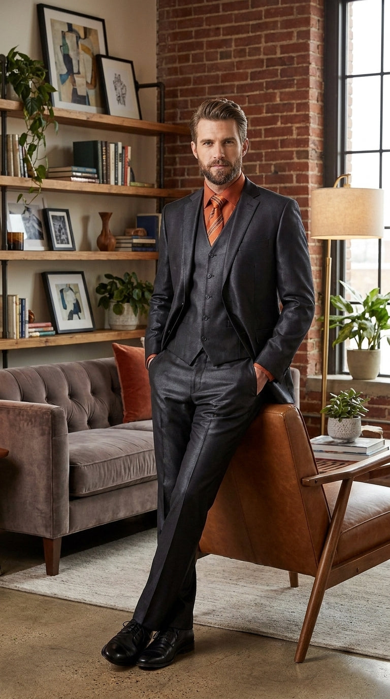 Men’s Black Sharkskin 3 Piece Suit, Metallic Satin Shiny Formal Wedding Business Dress Suit