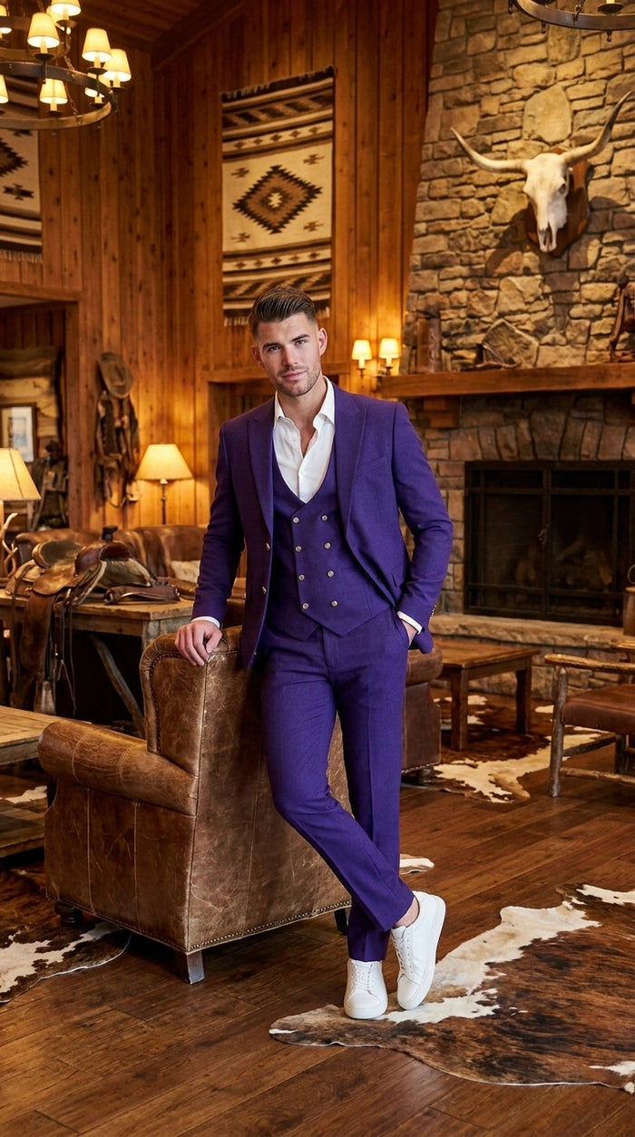 Men’s Purple and Gold 3 Piece Suit, Modern Fit Peak Lapel Wedding Prom Dress Suit