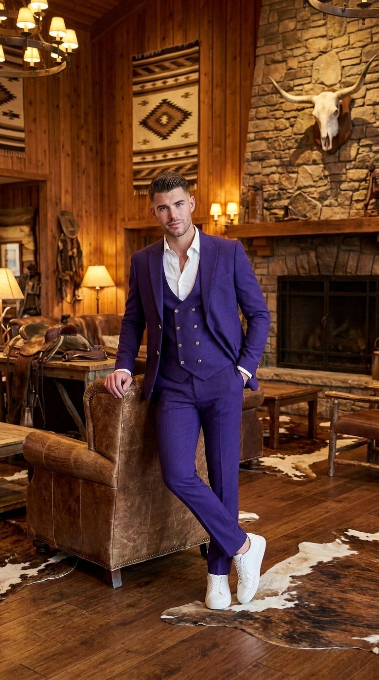 Men’s Purple and Gold 3 Piece Suit, Modern Fit Peak Lapel Wedding Prom Dress Suit
