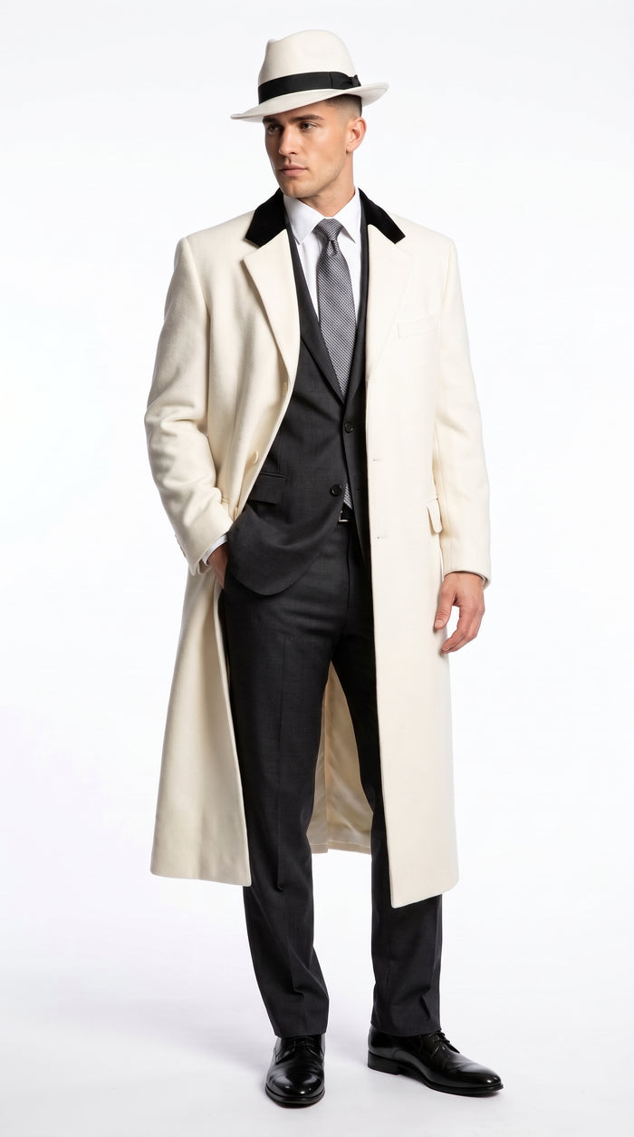 Men’s White Full-Length Trench Coat – Classic Formal Overcoat & Dress Topcoat for Men