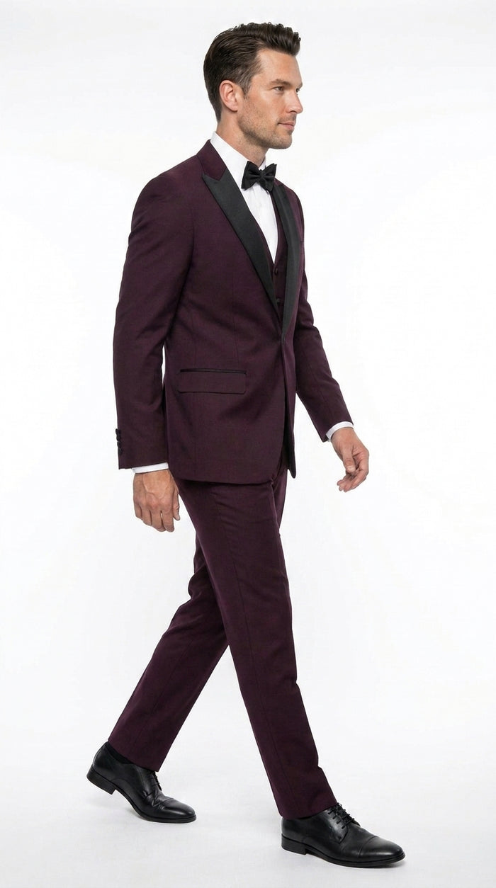 Alberto Men’s Burgundy 1 Button Peak Lapel Tuxedo, Formal Wedding Prom Dinner Suit