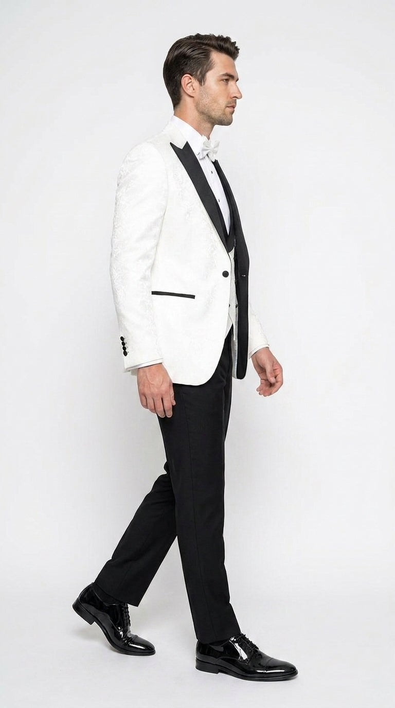 Men’s White and Black Vested Tuxedo Suit, Formal Wedding Groom Prom Dinner Suit