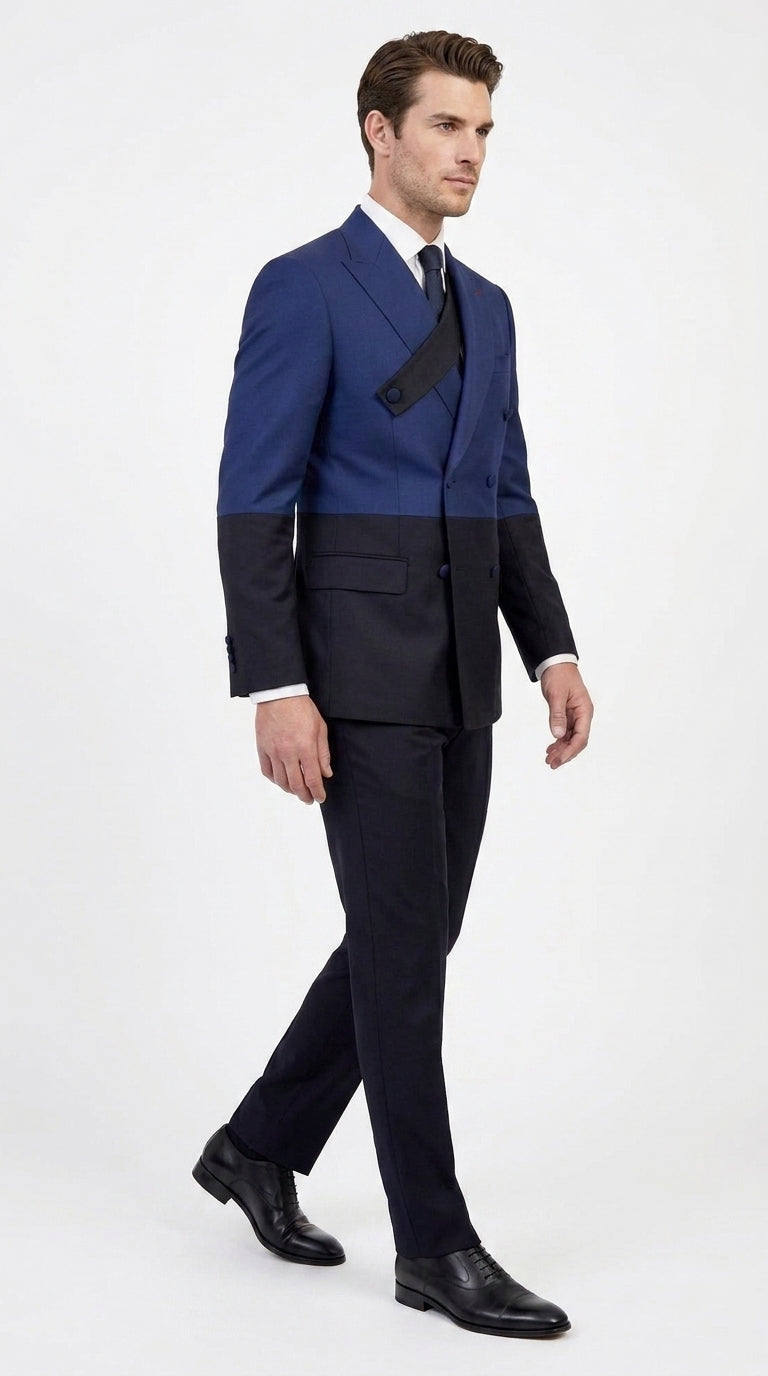 Statement Men’s Two Tone Double Breasted Suit, Modern Fit 2 Piece Wool Formal Wedding Suit
