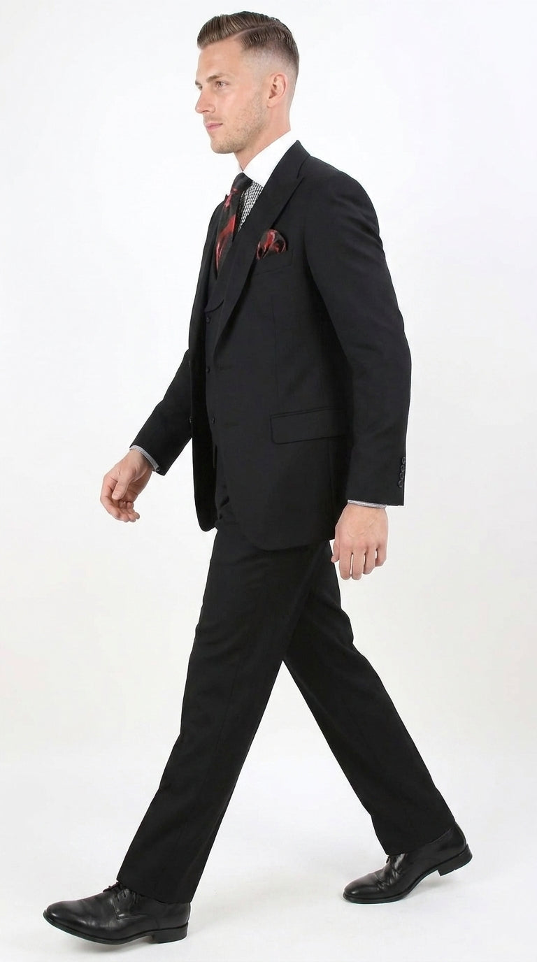 Men’s Black 100% Wool Super 150s Suit, Classic Fit Athletic Cut with Double Breasted Vest and Pleated Pants