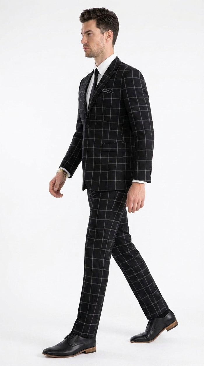 Men’s Black Windowpane Plaid Suit, 1920s Inspired Formal Wedding Prom Dress Suit
