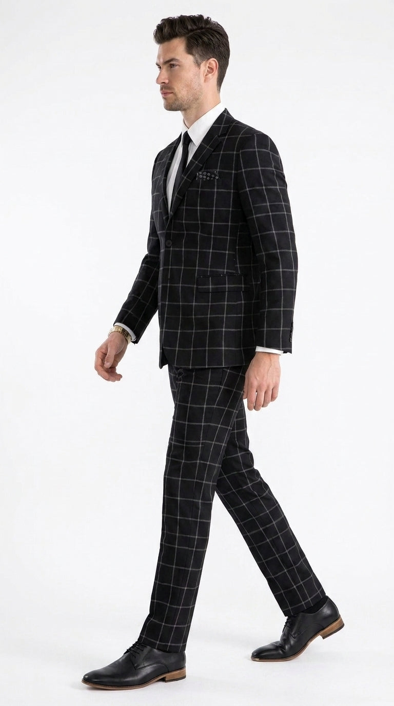 Men’s Black Windowpane Plaid Suit, 1920s Inspired Formal Wedding Prom Dress Suit