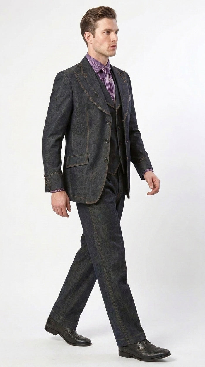 Apollo King Men’s Black Denim Vested Suit, Peak Lapel Wide Leg Formal Dress Suit