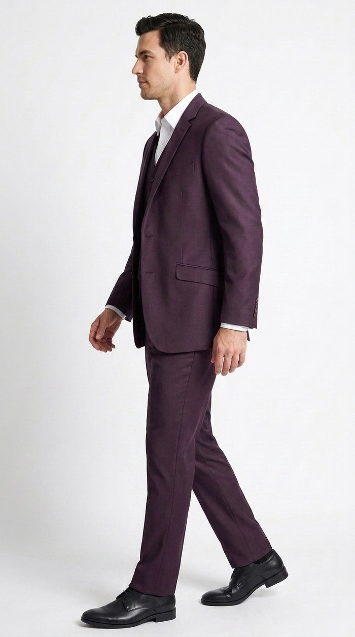 Men’s Plum Modern Fit Suit, Tailored Formal Wedding Business 3 Piece Dress Suit
