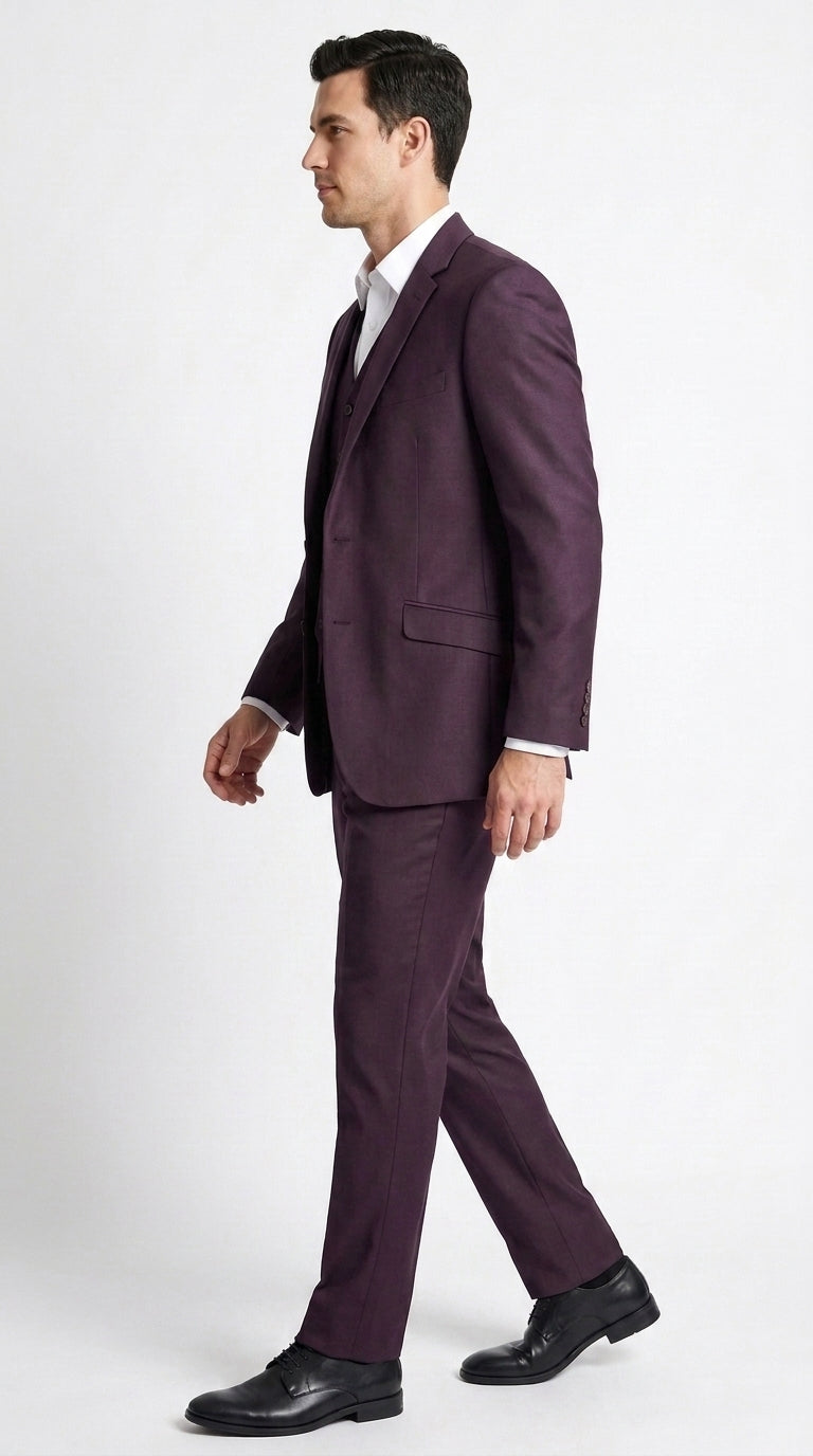 Men’s Plum Modern Fit Suit, Tailored Formal Wedding Business 3 Piece Dress Suit
