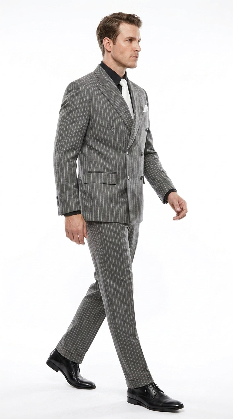 Men’s Charcoal Grey Pinstripe Double Breasted Suit, Gomez Addams Inspired Formal Costume Suit
