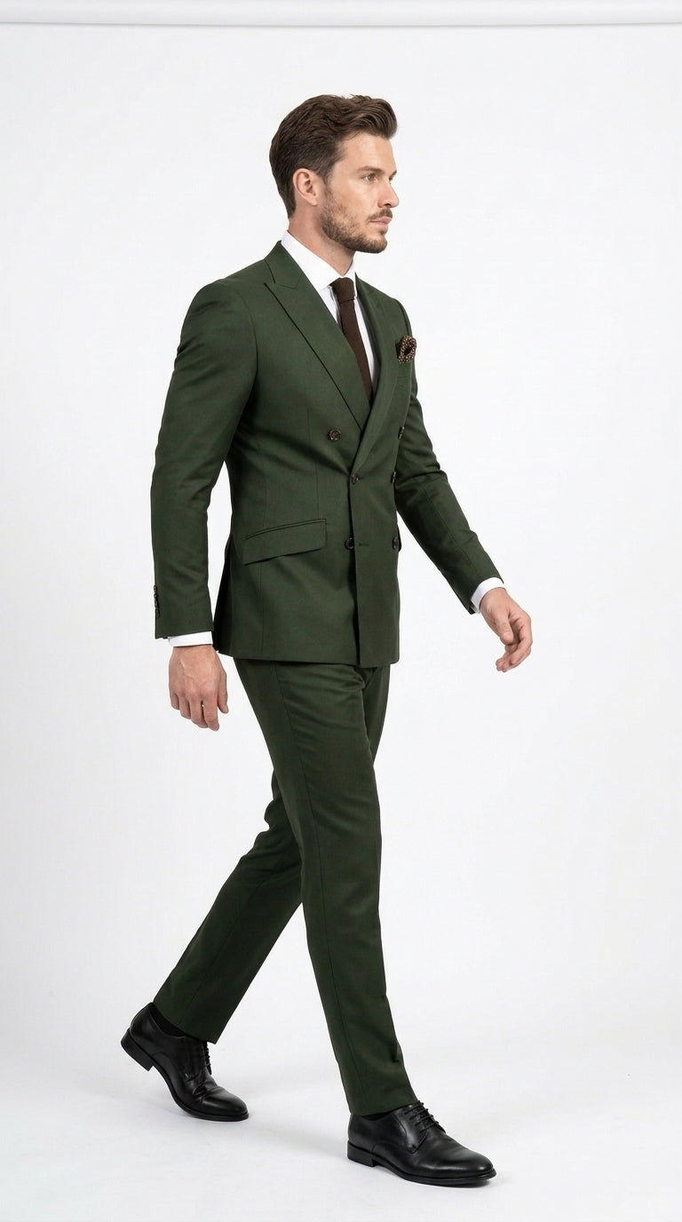 Men’s Dark Green Double Breasted Suit, Tapered Fit Formal Wedding Business Dress Suit