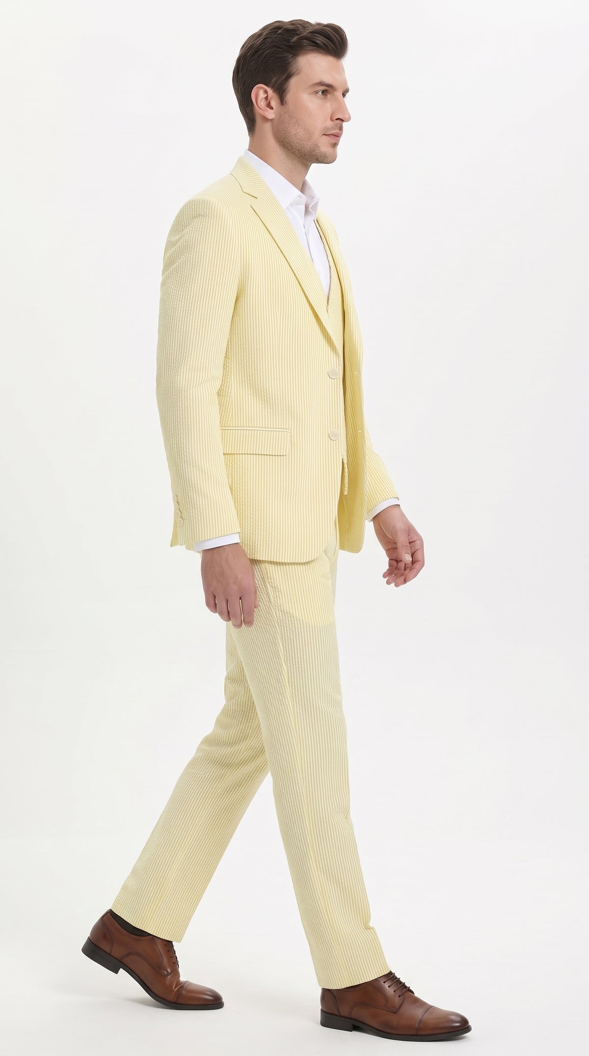 Men’s Yellow Pinstripe Seersucker Suit – 3-Piece Summer Wedding Suit with Jacket, Vest & Pants