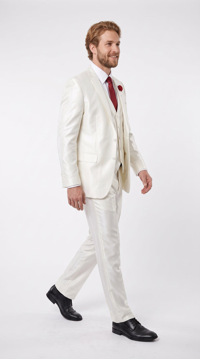 Tazio Men’s White Shiny Sharkskin 3 Piece Suit, Modern Fit Vested Formal Wedding Prom Suit