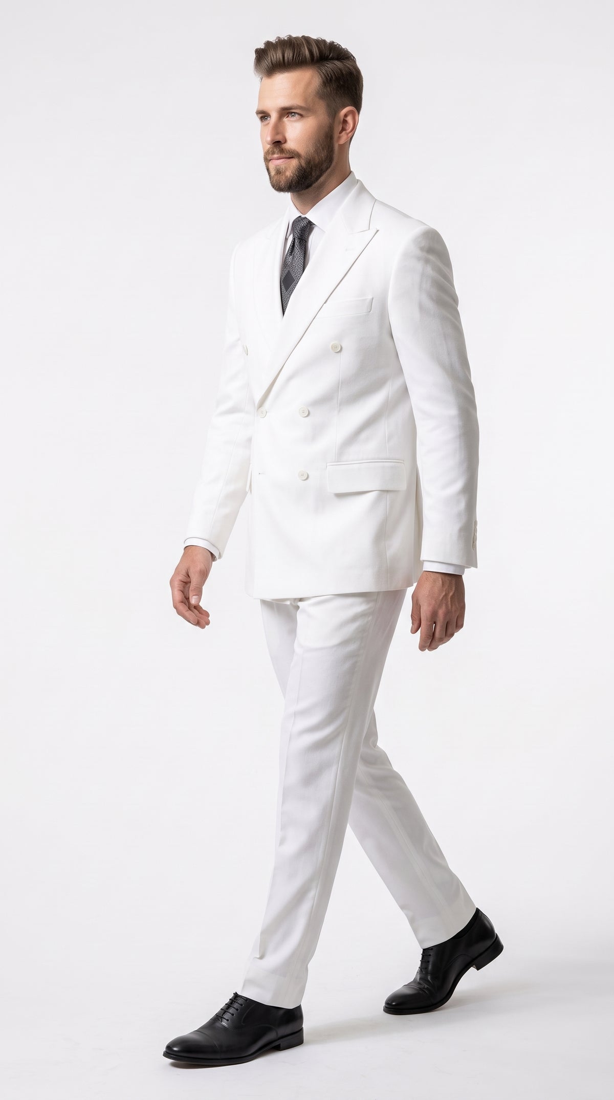 Men’s Solid White Double Breasted Suit, Classic Fit Formal Wedding Prom Dress Suit