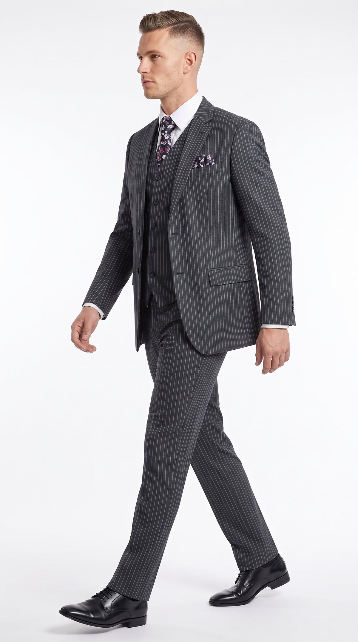 Men's Charcoal Grey Bold Pinstripe 3-Piece Gangster Suit – 2 Button Vested 1920s Vintage Classic Formal Suit