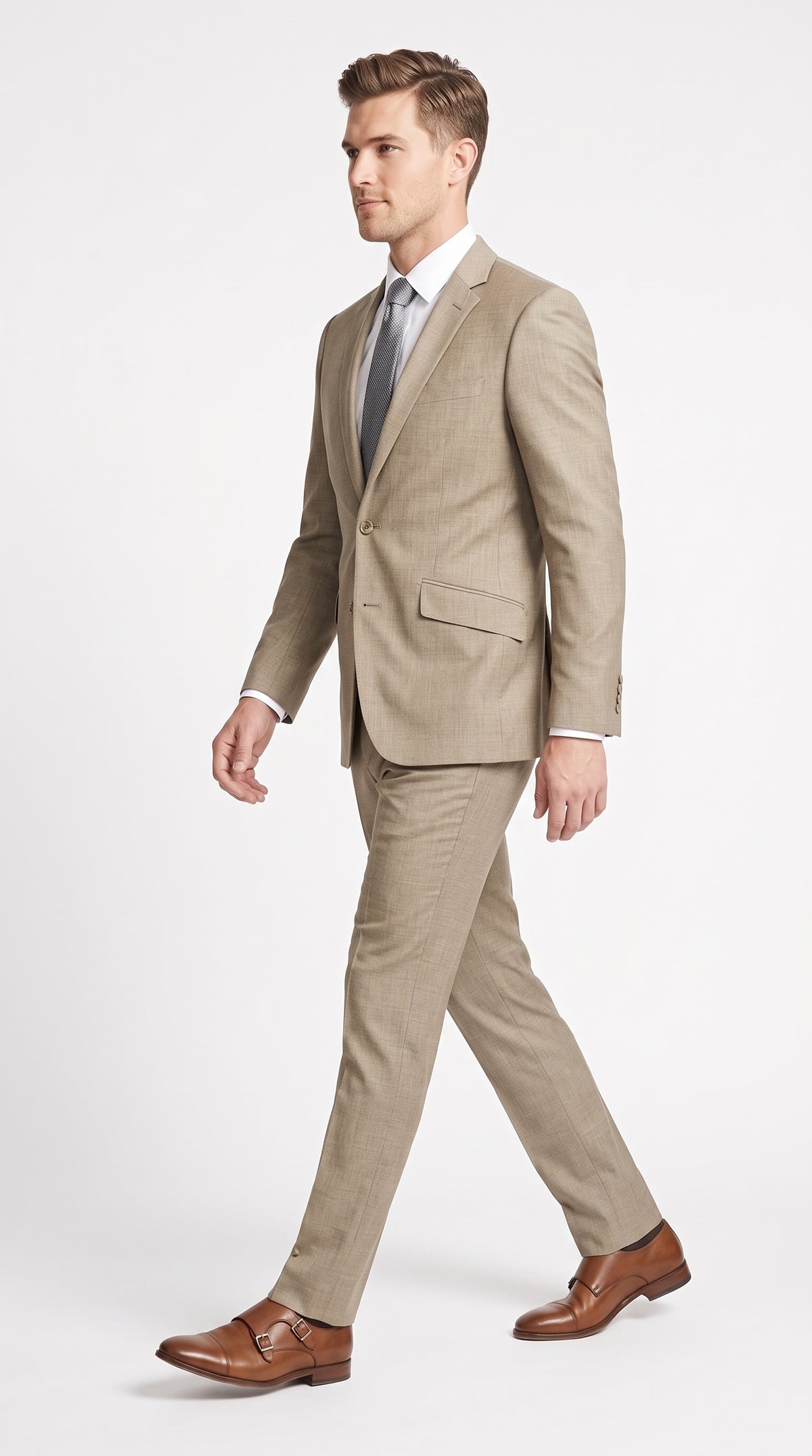 Men's Light Taupe Textured 2-Piece Suit – Modern Fit Tan Groomsmen Wedding & Formal Business Suit