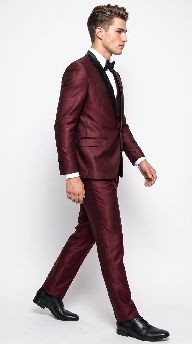 Men's Burgundy Sharkskin 3-Piece Tuxedo Suit – One Button Black Satin Shawl Lapel Vested Wedding & Prom Tuxedo