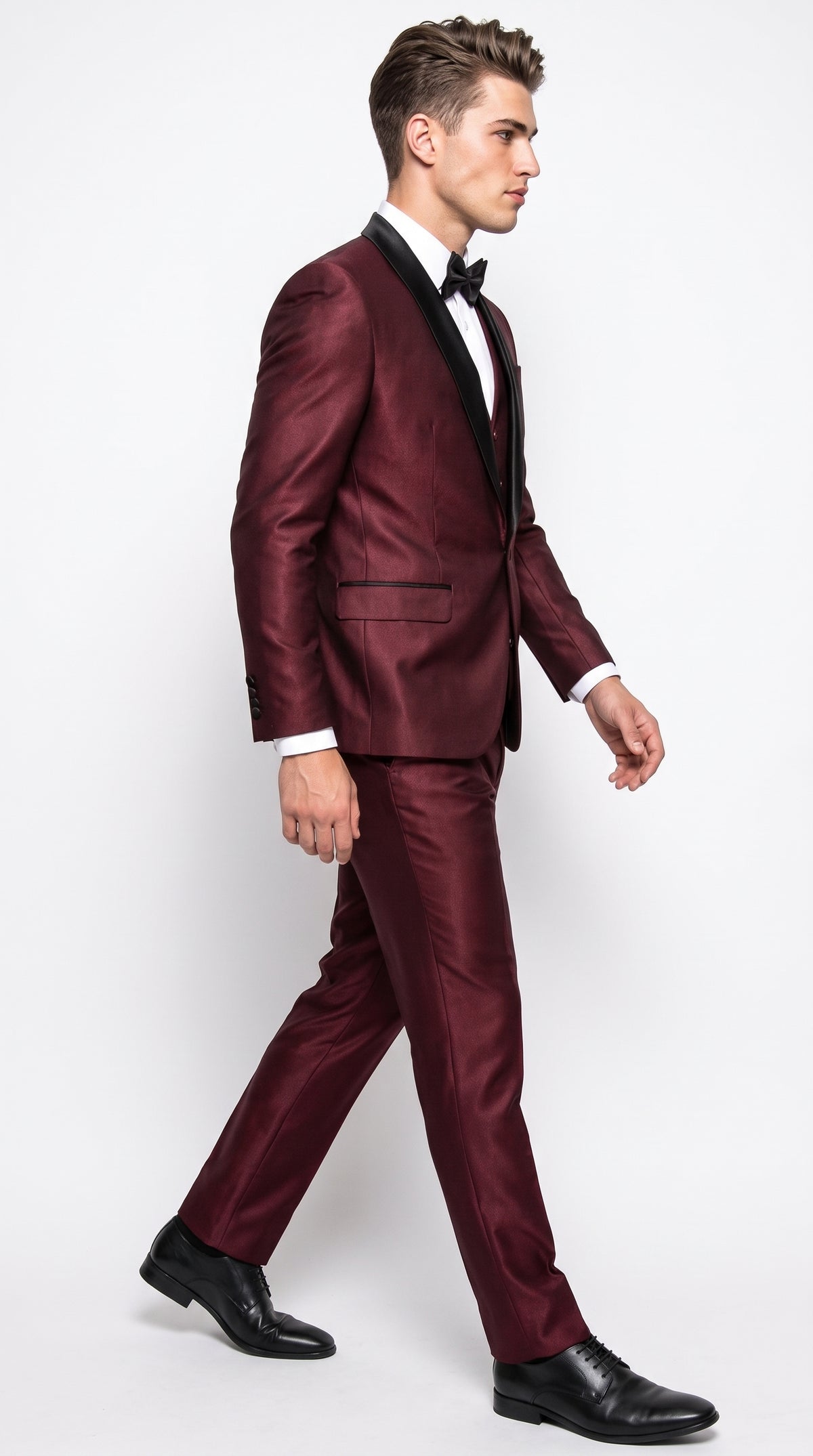Men's Burgundy Sharkskin 3-Piece Tuxedo Suit – One Button Black Satin Shawl Lapel Vested Wedding & Prom Tuxedo