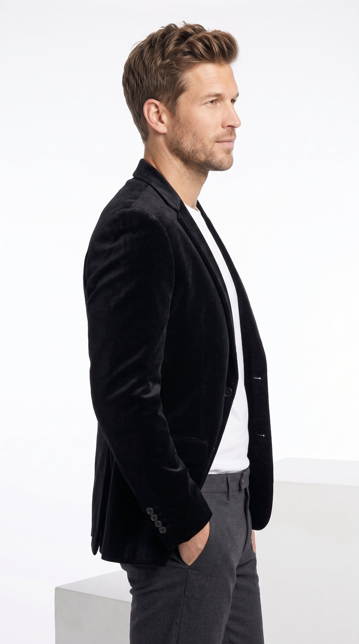 Men’s Black Velvet Blazer, Big and Tall 2 Button Formal Sport Coat for Weddings and Parties