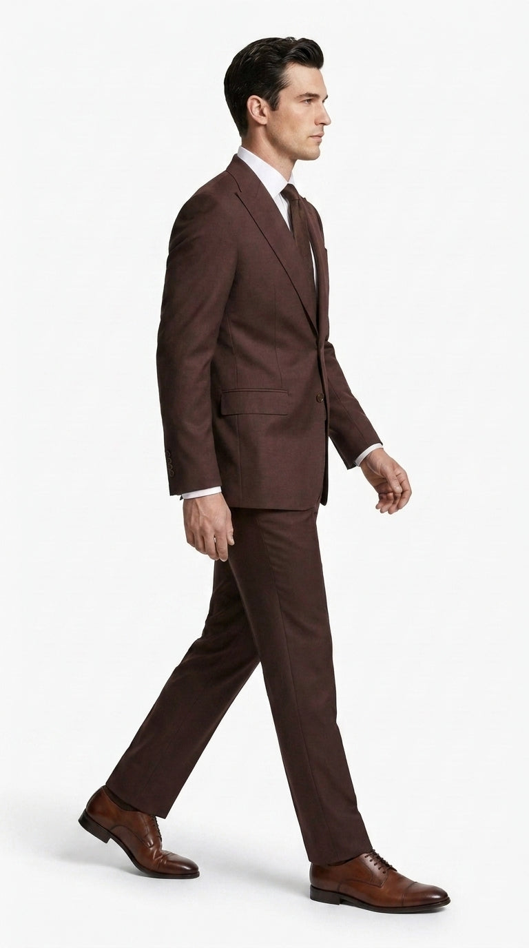 Statement Men’s Brown 2 Piece Wool Suit, Modern Fit Formal Wedding Business Suit with Pic Stitching