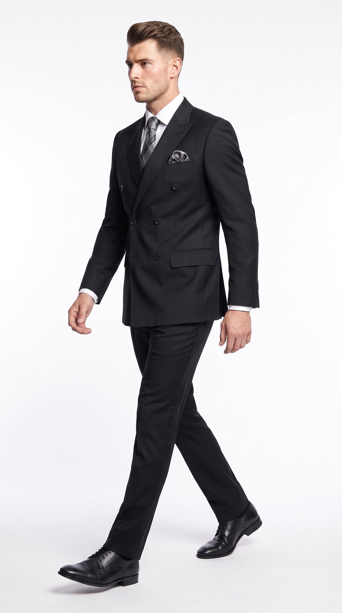 Men’s Black Wool Double Breasted Suit – Modern Fit 6 Button Formal Wedding & Business Suit with Black or Gold Buttons