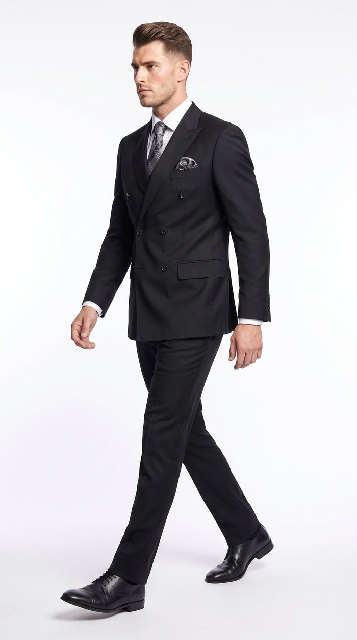 Men’s Black Wool Double Breasted Suit – Modern Fit 6 Button Formal Wedding & Business Suit with Black or Gold Buttons