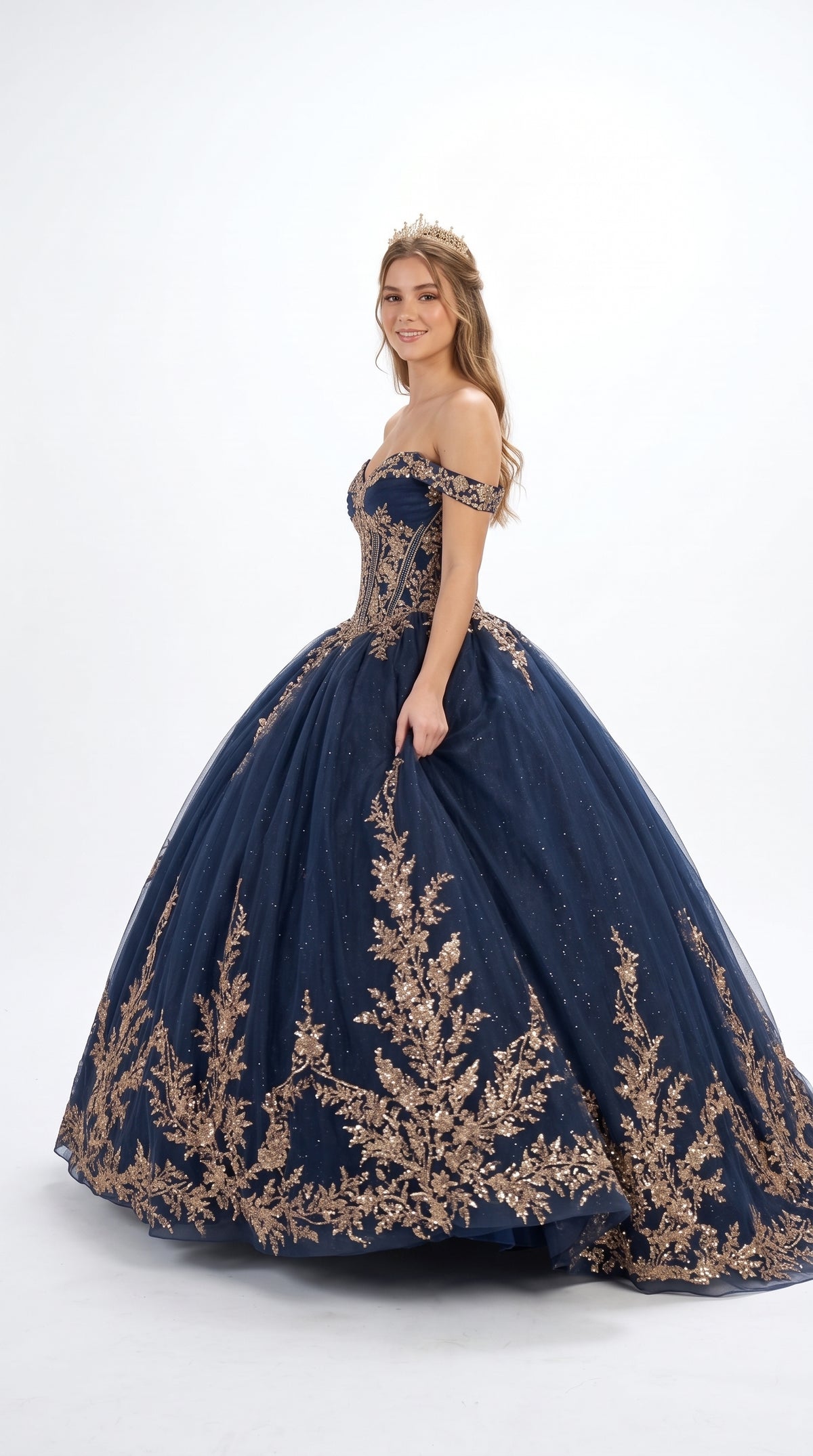 Navy/Gold Off-Shoulder V-Neck Satin Corset Lace Appliqué Ball Gown with Bow by Elizabeth K GL3674