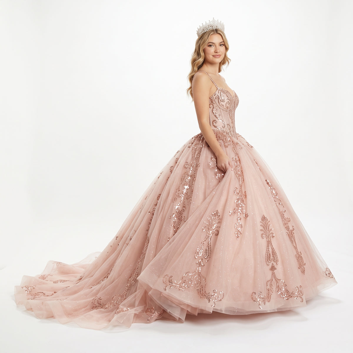 Quinceañera Ball Gown with Beaded Corset Bodice Glitter Tulle Skirt & Crystal Tiara By LK294