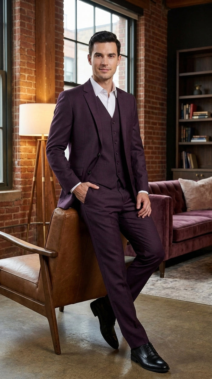 Men’s Plum Modern Fit Suit, Tailored Formal Wedding Business 3 Piece Dress Suit