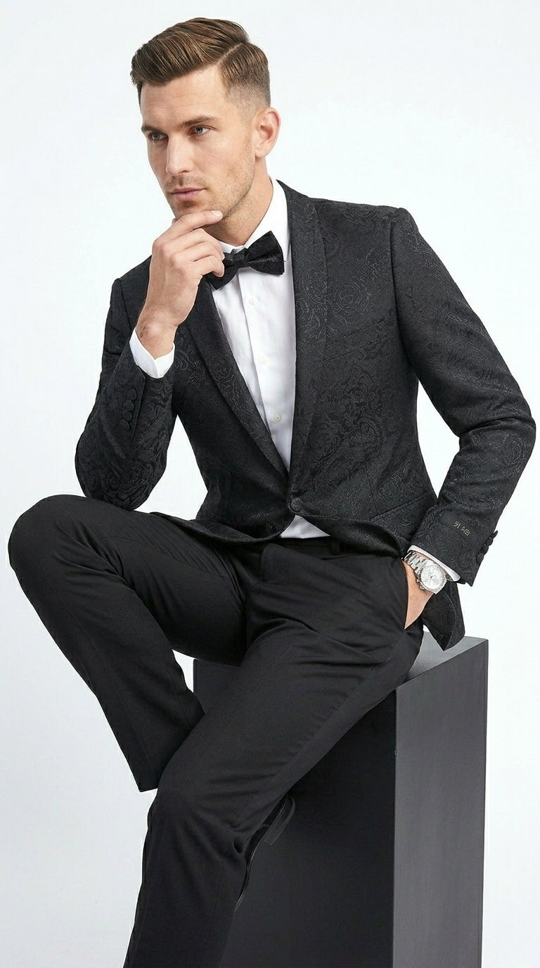 Men’s Black Floral Patterned Tuxedo Jacket, Formal Wedding Prom Dinner Blazer with Shawl Lapel