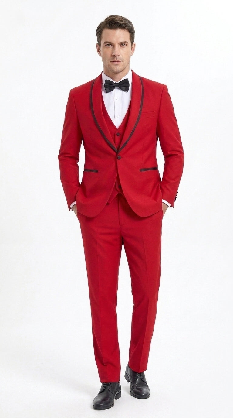 Men’s Trim Lapel Prom Tuxedo– 3 Piece Wedding Suit in Purple, Black, Red, Ivory, or Navy