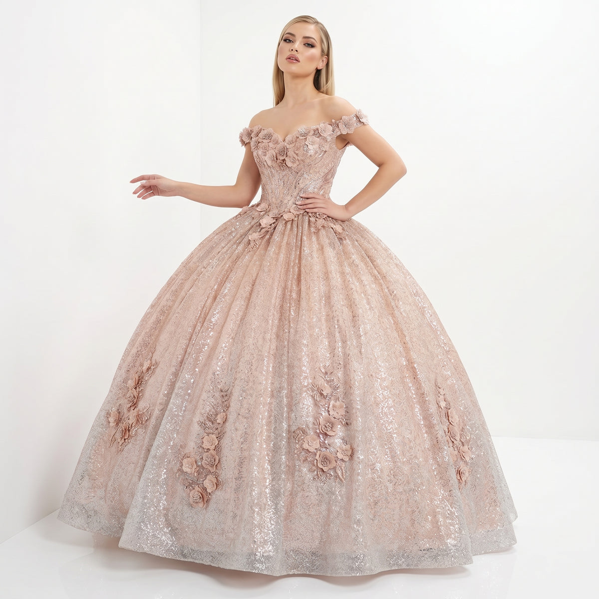 Champagne Off-Shoulder Quinceañera Ball Gown with 3D Floral Appliqués & Detachable Train – Sweet 15 Princess Dress