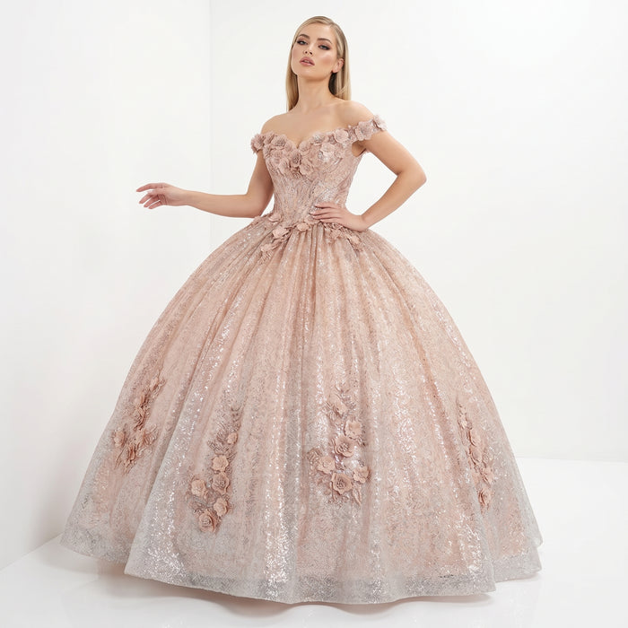 Champagne Off-Shoulder Quinceañera Ball Gown with 3D Floral Appliqués & Detachable Train – Sweet 15 Princess Dress