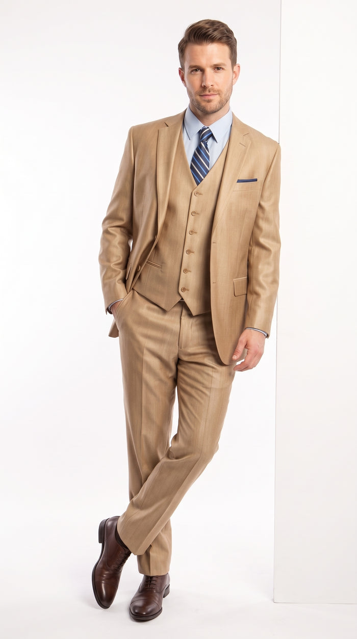 Men’s Camel Wheat Sharkskin 3 Piece Business Suit, Two Button Vested Formal Wedding Suit