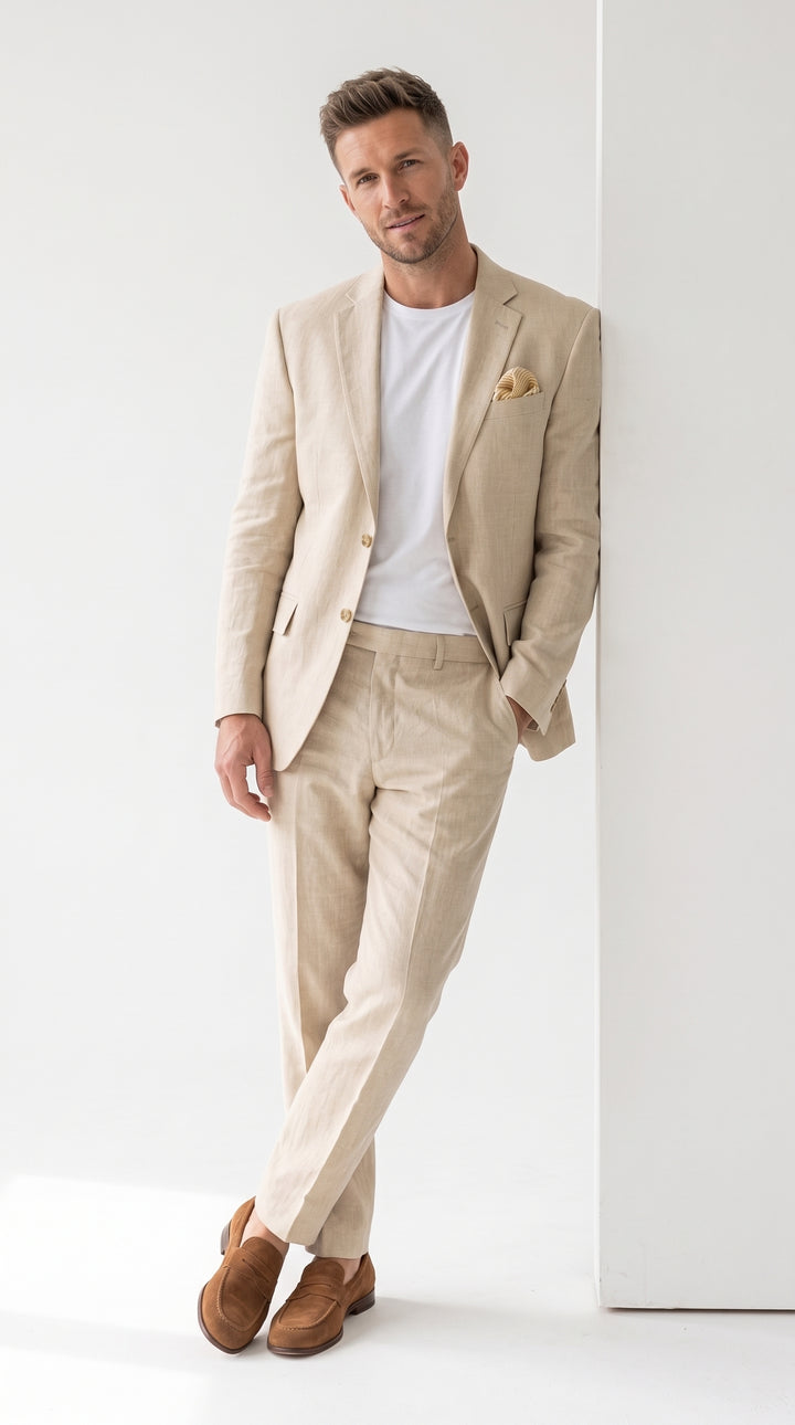 Men’s Tan Linen Blend 2 Piece Suit, Modern Fit Notch Lapel Summer Wedding Suit